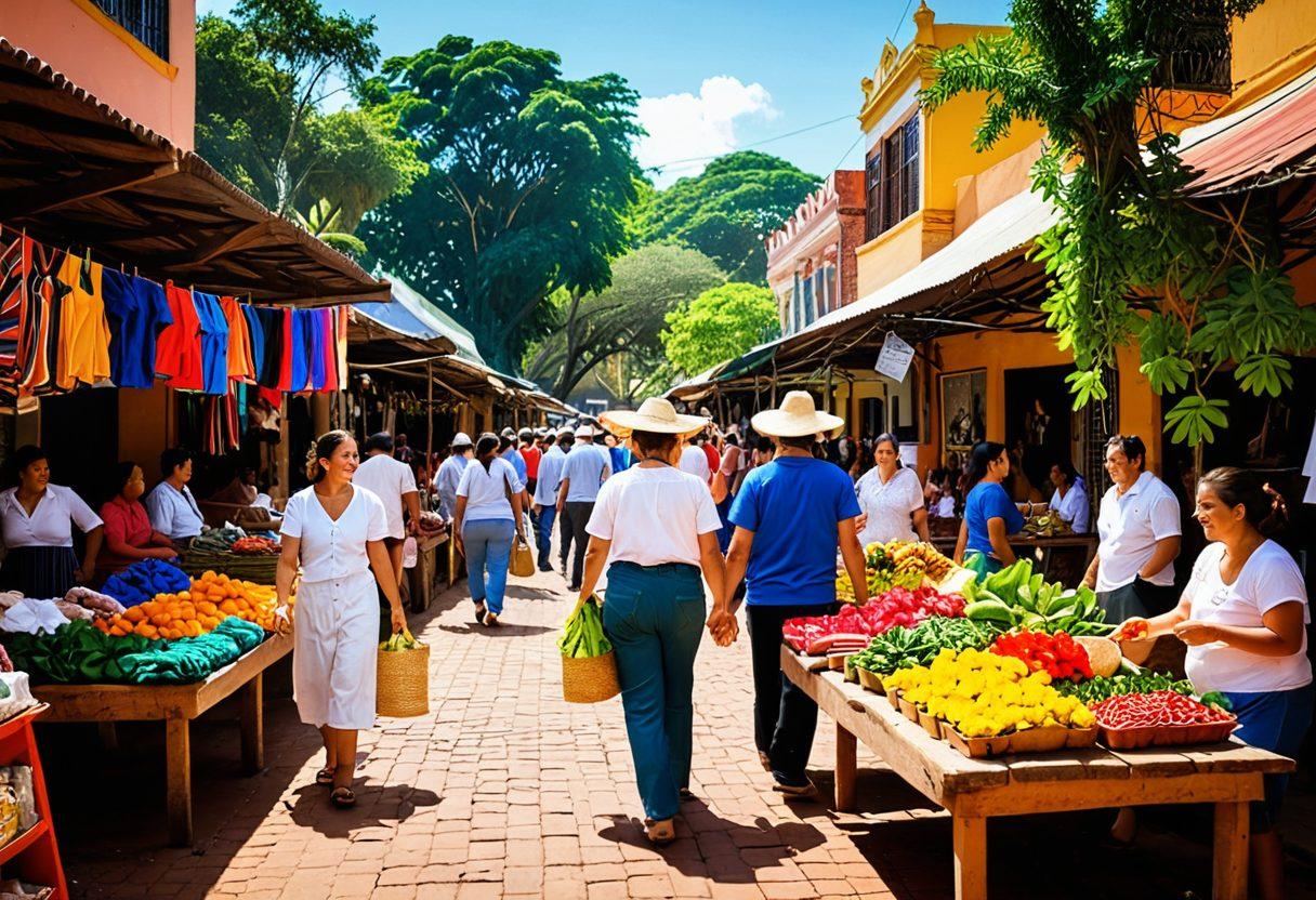 An enchanting market scene in Paraguay, showcasing vibrant stalls filled with colorful handmade crafts, clothing, and local delicacies. Include smiling shoppers engaging in friendly banter as they explore, with lush greenery in the background and traditional Paraguayan architecture. The atmosphere should convey a sense of joy and discovery in smart shopping. bright and lively atmosphere. super-realistic. vibrant colors.