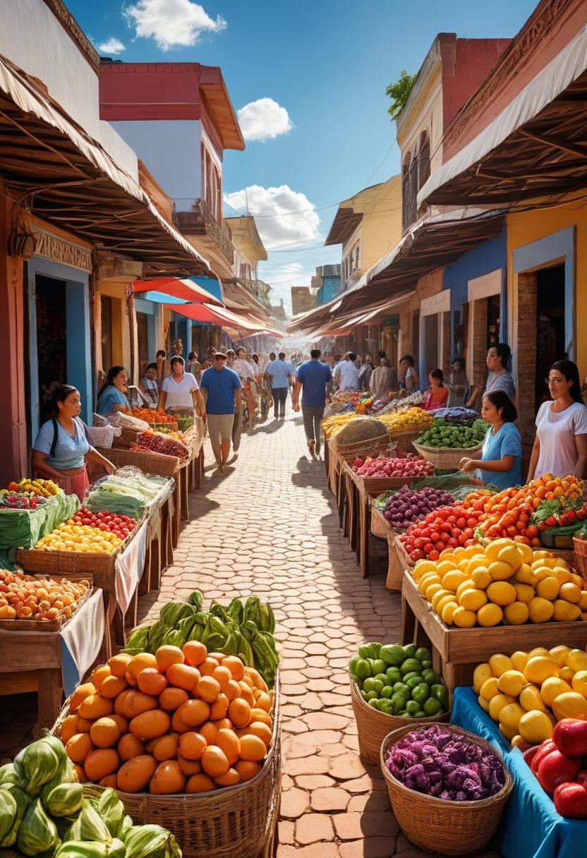 A vibrant market scene in Paraguay, showcasing colorful storefronts filled with various goods and smiling locals bargaining. Include elements of traditional Paraguayan culture, such as handcrafted items and fresh produce displays. In the background, a bright blue sky with sunlight filtering through bustling shoppers. super-realistic. vibrant colors. 3D.